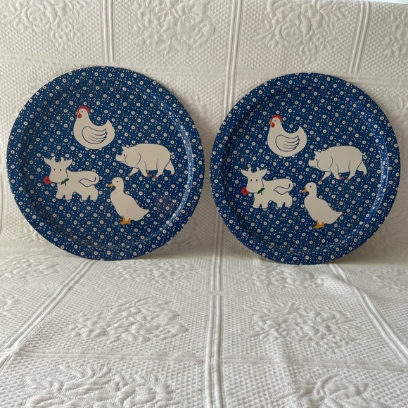 None Other - Farm Animal Metal Serving Tray Decor Cow Pig Chicken Duck Blue White Set of 2